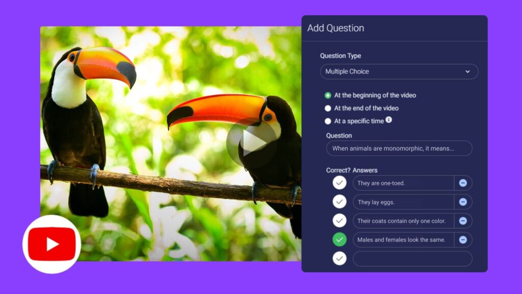 Interactive multiple-choice quiz example using ScreenPal for assessment with a video of toucans, illustrating personalized feedback tools.