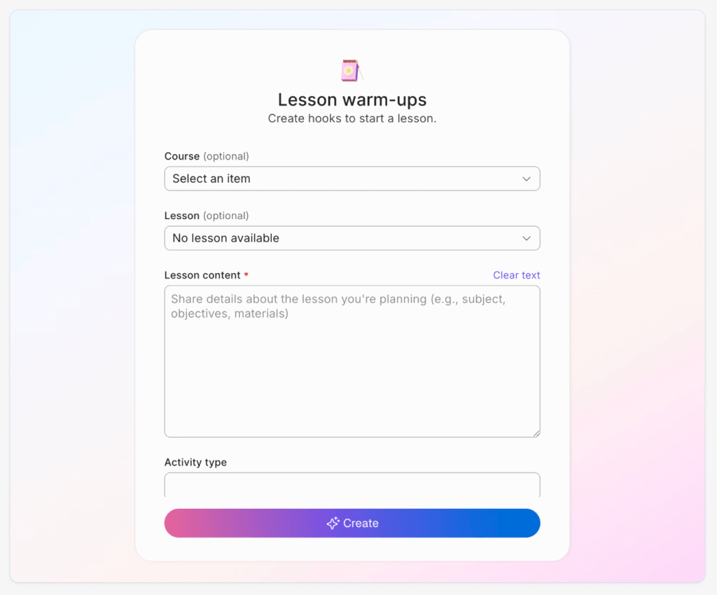 AI teaching assistant lesson warm-ups tool designed to create hooks and starter activities for any subject or grade level.