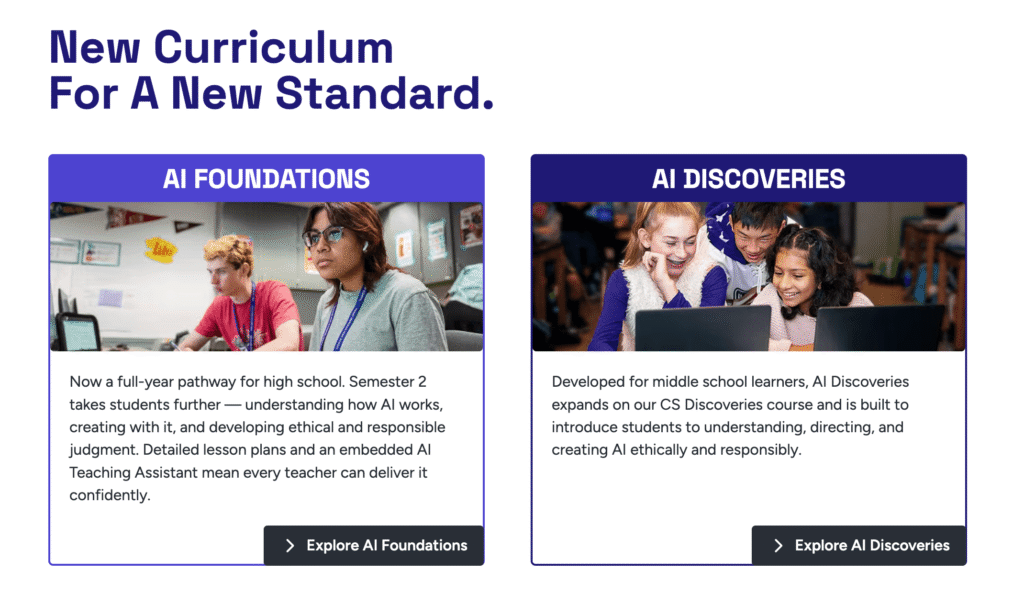 Screenshot of CodeAI's website showing two digital fluency curriculum options: AI Foundations, a full-year pathway for high school, and AI Discoveries for middle school learners