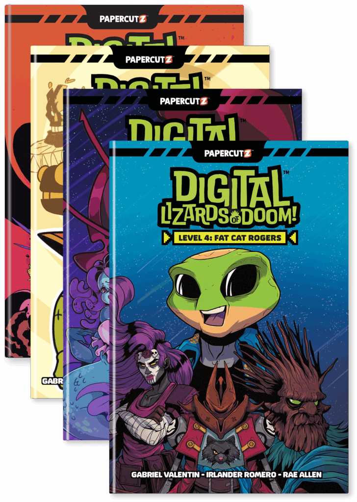 Four Digital Lizards of Doom paperback levels used for graphic novels in the classroom across grades 3 through 7