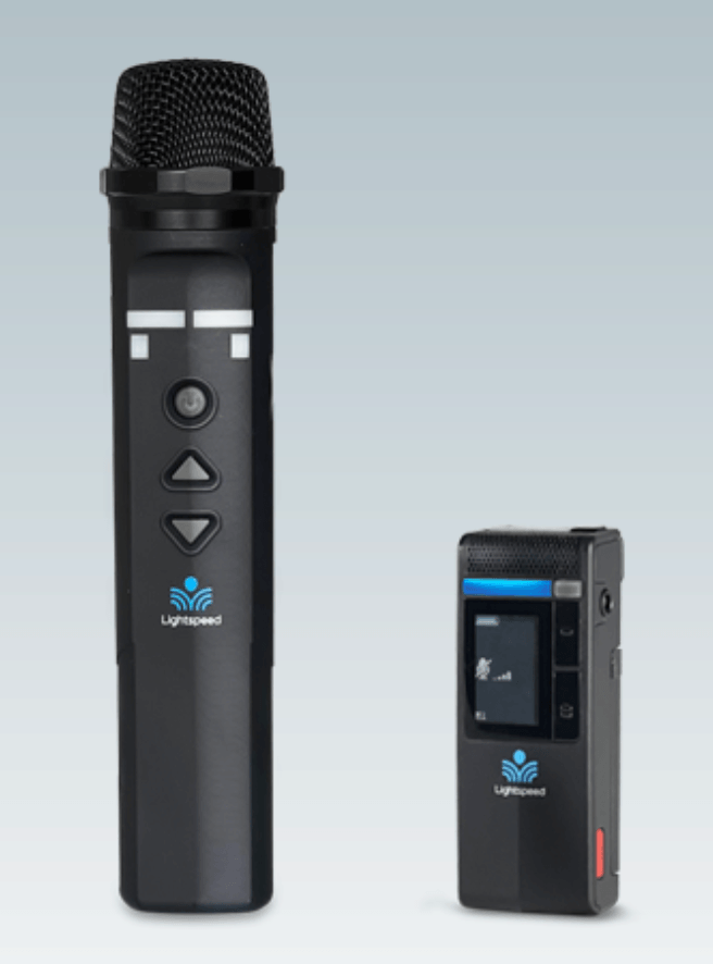 Two Lightspeed wireless classroom microphones, a handheld microphone for student sharing and a compact teacher microphone with a digital display