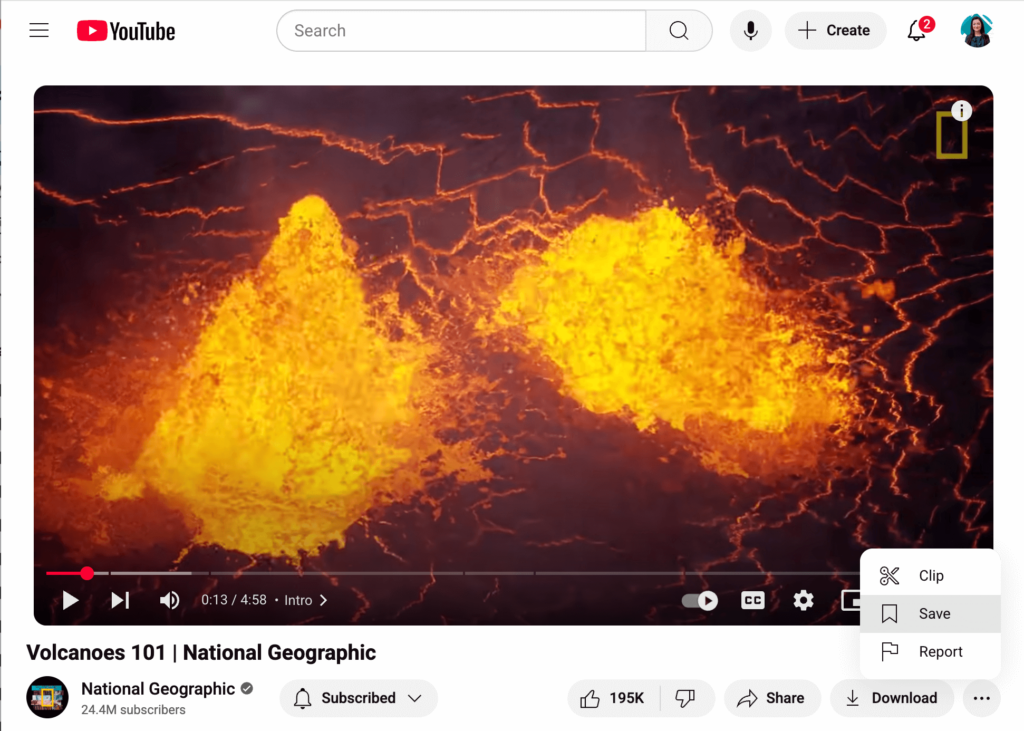 YouTube interface showing the “Save” button—an essential part of how to make a YouTube playlist for educational content.