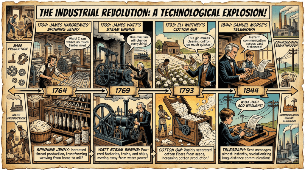 Comic-style timeline poster showing classroom infographics about the Industrial Revolution with key inventions and dates in a graphic novel layout.
