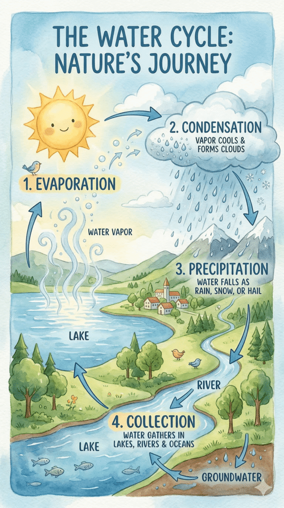 AI-generated water cycle poster showing classroom infographics in a watercolor style with labeled stages including evaporation, condensation, precipitation, and collection.