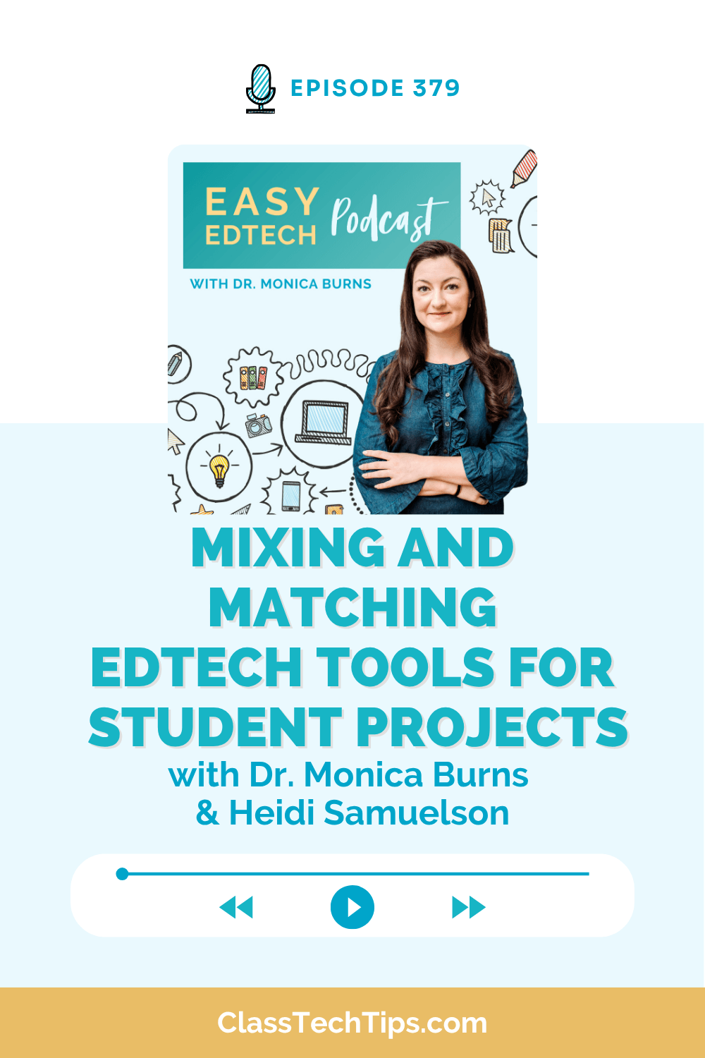 Easy EdTech Podcast graphic for episode 379, “Mixing and Matching EdTech Tools for Student Projects,” featuring Dr. Monica Burns and guest Heidi Samuelson.
