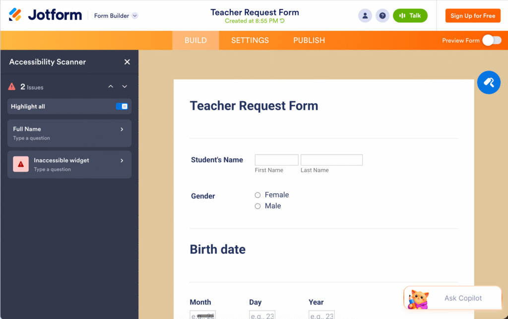 Jotform Accessibility Scanner flags an Accessibility Enhancer Widget on a Teacher Request Form and notes that images must have alternative text.
