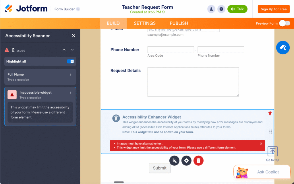 Jotform Form Builder shows a Teacher Request Form with Student's Name, Gender, and Birth date fields, with the Accessibility Scanner panel open and flagging two issues.