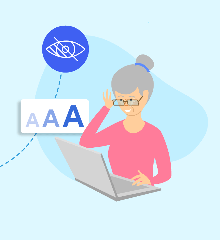 Older woman wearing glasses works on a laptop while accessibility icons for vision support and larger text float beside her.