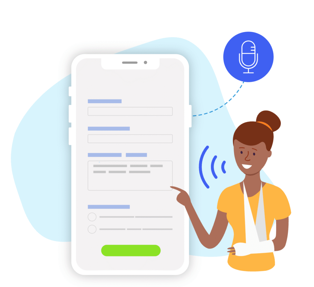 Young woman with her arm in a sling uses voice input to fill out an accessible form on her phone, showing how voice features support users with limited mobility.